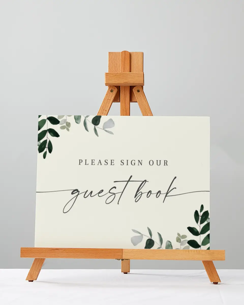 This is a 5" x 7" Guest Book Sign called Eucalyptus Greenery printed in full color