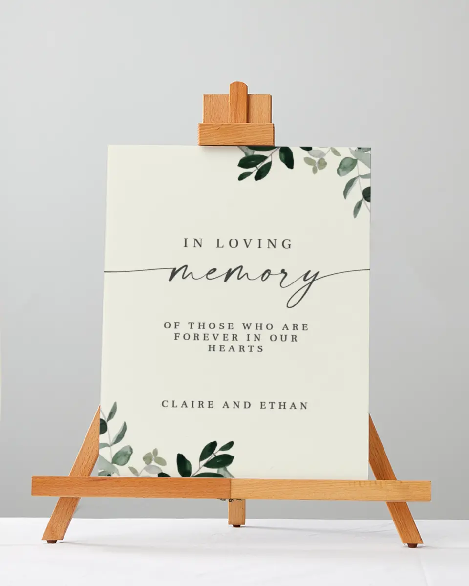 This is a 5" x 7" Loving Memory Sign called Eucalyptus Greenery printed in full color
