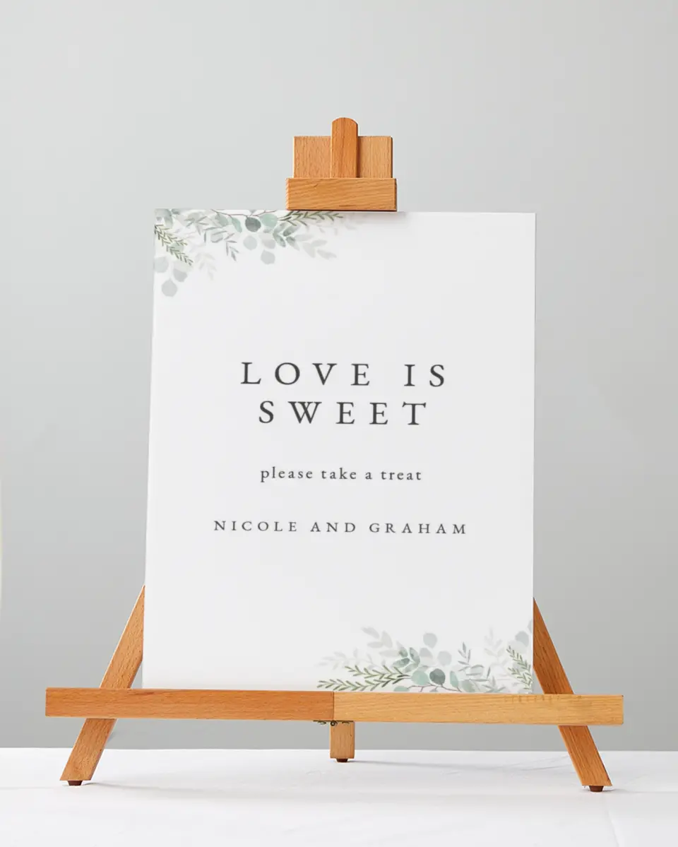 This is a 5" x 7" Favor Sign called Elegant Greenery printed in full color