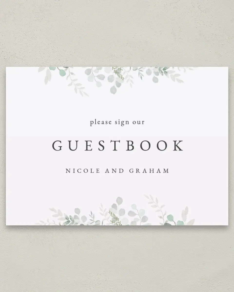 This is a 5" x 7" Guest Book Sign called Elegant Greenery printed in full color
