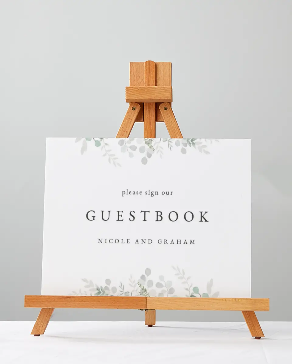 This is a 5" x 7" Guest Book Sign called Elegant Greenery printed in full color with Gold foil