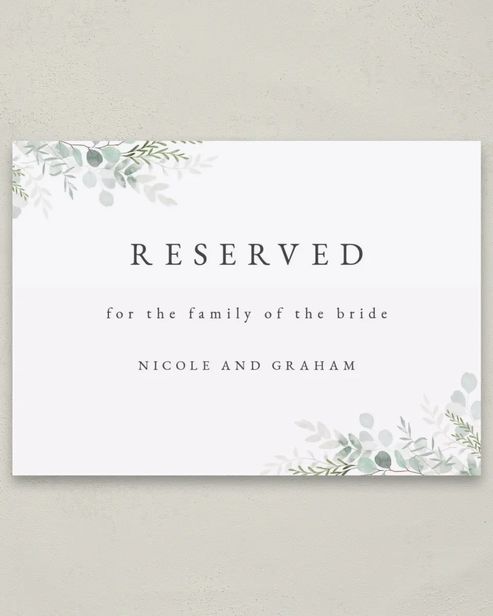 This is a 5" x 7" Reserved Seating Sign called Elegant Greenery printed in full color with Rose Gold foil