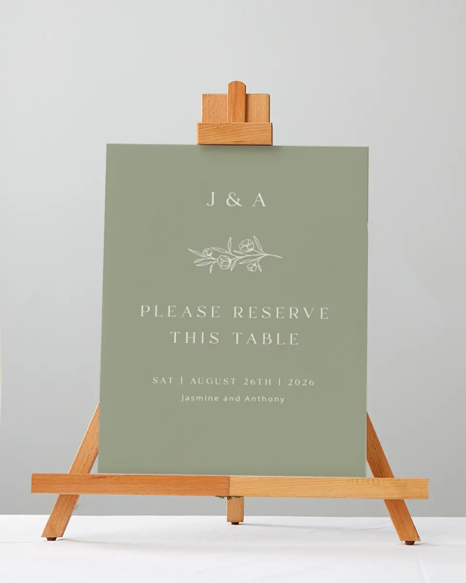 This is a 5" x 7" Reserved Seating Sign called The Jasmine printed in full color with Silver foil