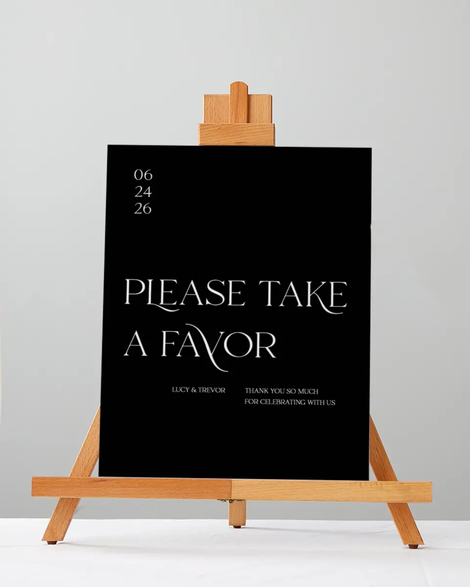 This is a 5" x 7" Favor Sign called The Lucy printed in full color with Rose Gold foil