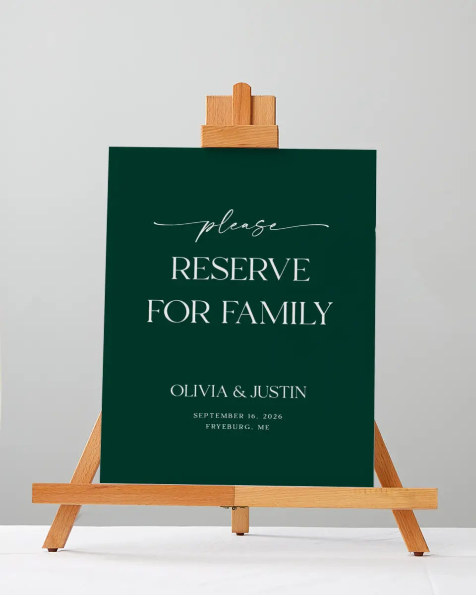 This is a 5" x 7" Reserved Seating Sign called The Olivia printed in full color with Silver foil