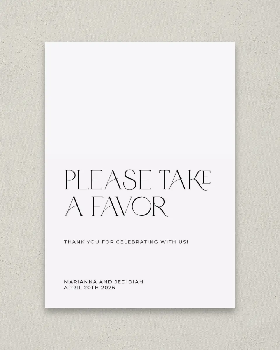 This is a 5" x 7" Favor Sign called Blissful Vows printed in full color with Rose Gold foil
