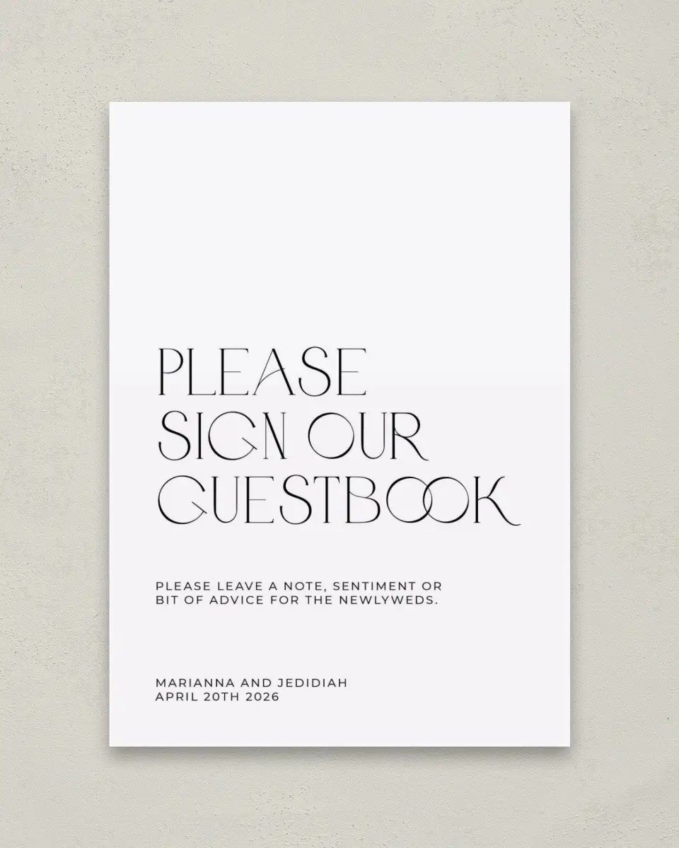 This is a 5" x 7" Guest Book Sign called Blissful Vows printed in full color with Rose Gold foil