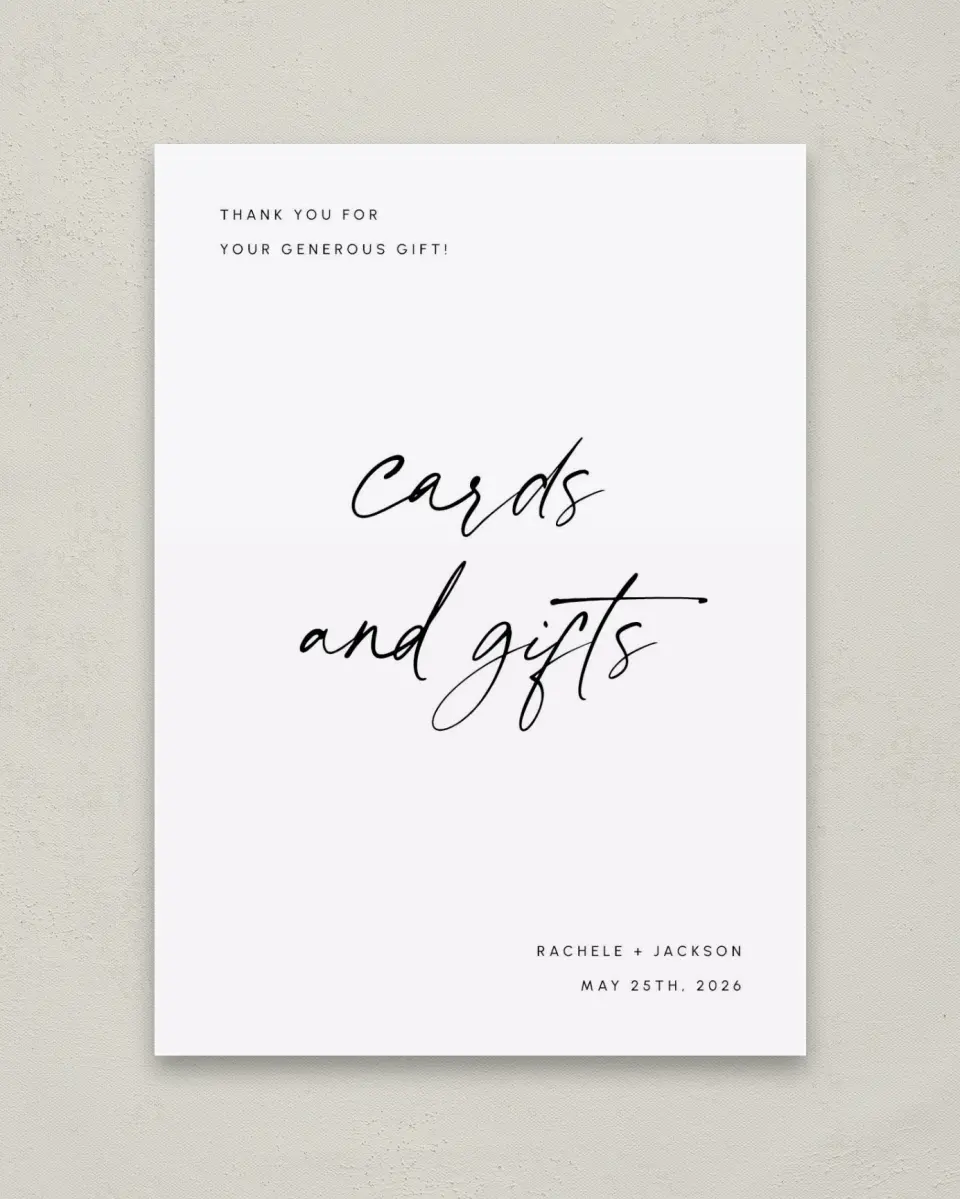 This is a 5" x 7" Cards & Gifts Sign called Modern Simplicity printed in full color with Rose Gold foil