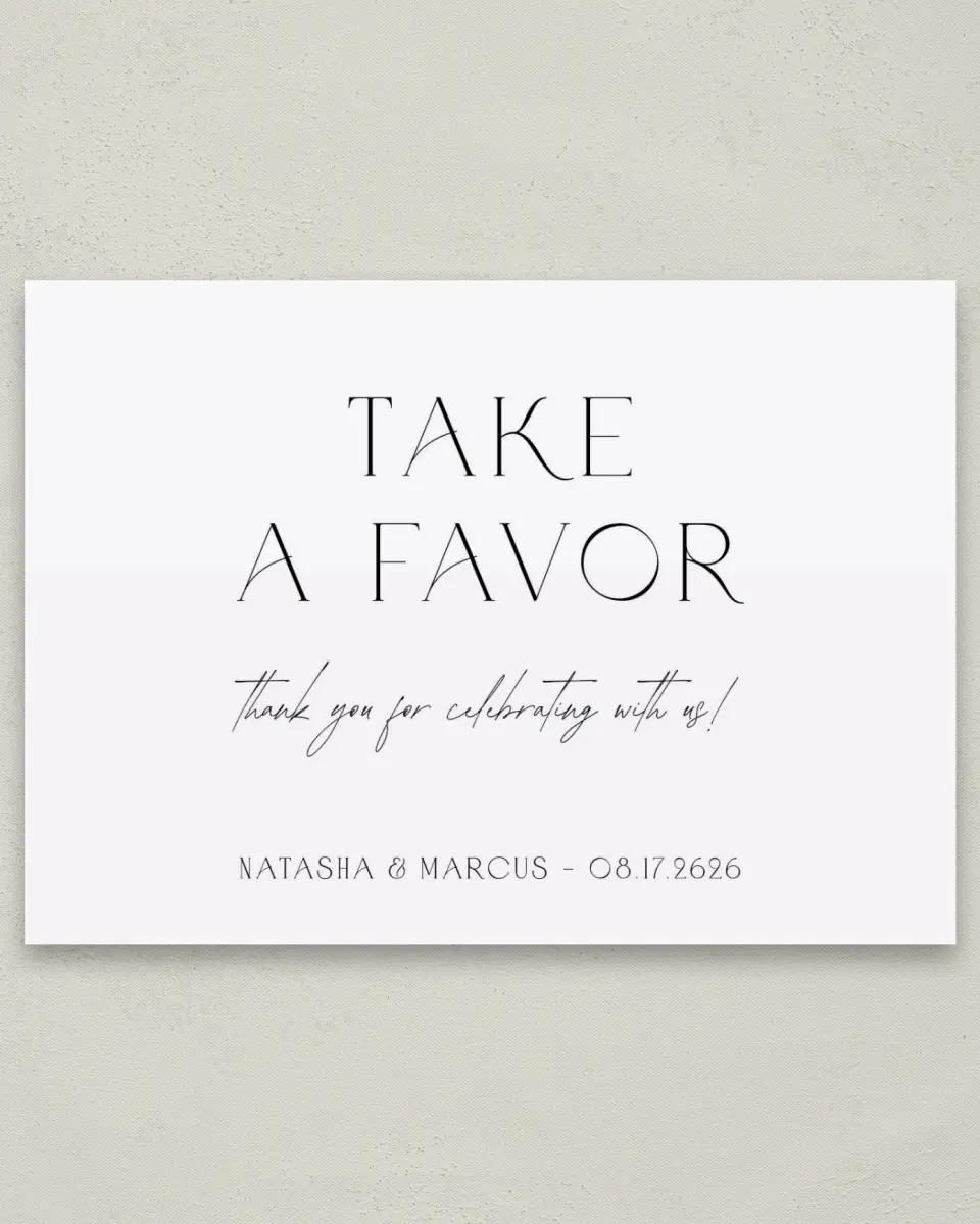This is a 5" x 7" Favor Sign called Understated Elegance printed in full color with Rose Gold foil