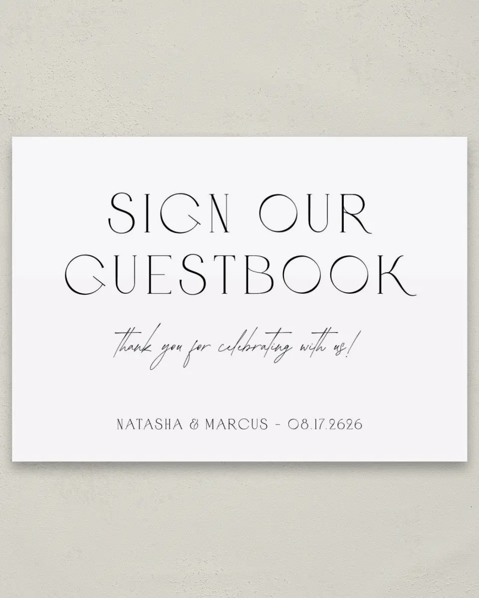 This is a 5" x 7" Guest Book Sign called Understated Elegance printed in full color with Rose Gold foil