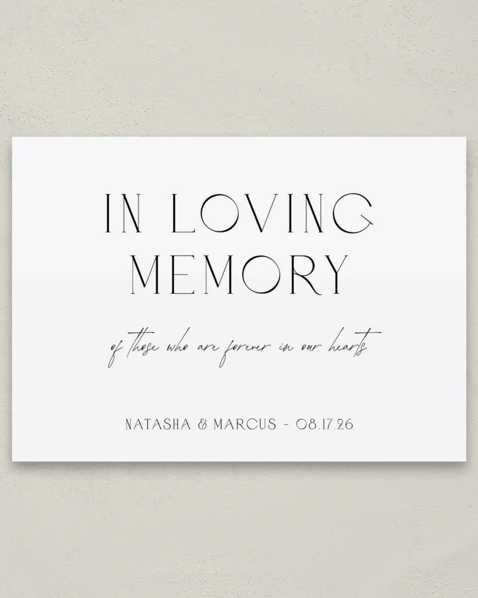 This is a 5" x 7" Loving Memory Sign called Understated Elegance printed in full color with Rose Gold foil