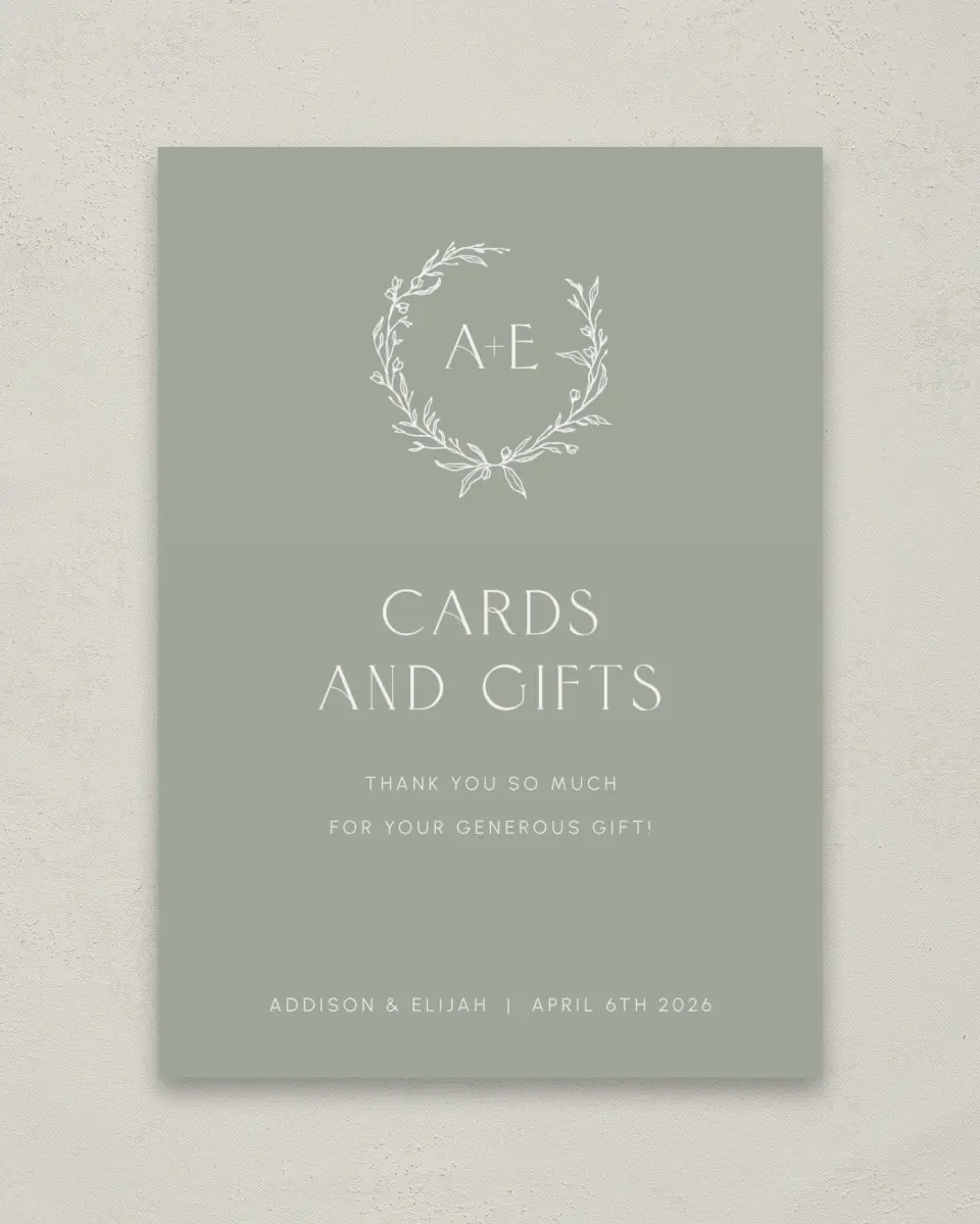 This is a 5" x 7" Cards & Gifts Sign called Modern Monogram printed in full color with Rose Gold foil