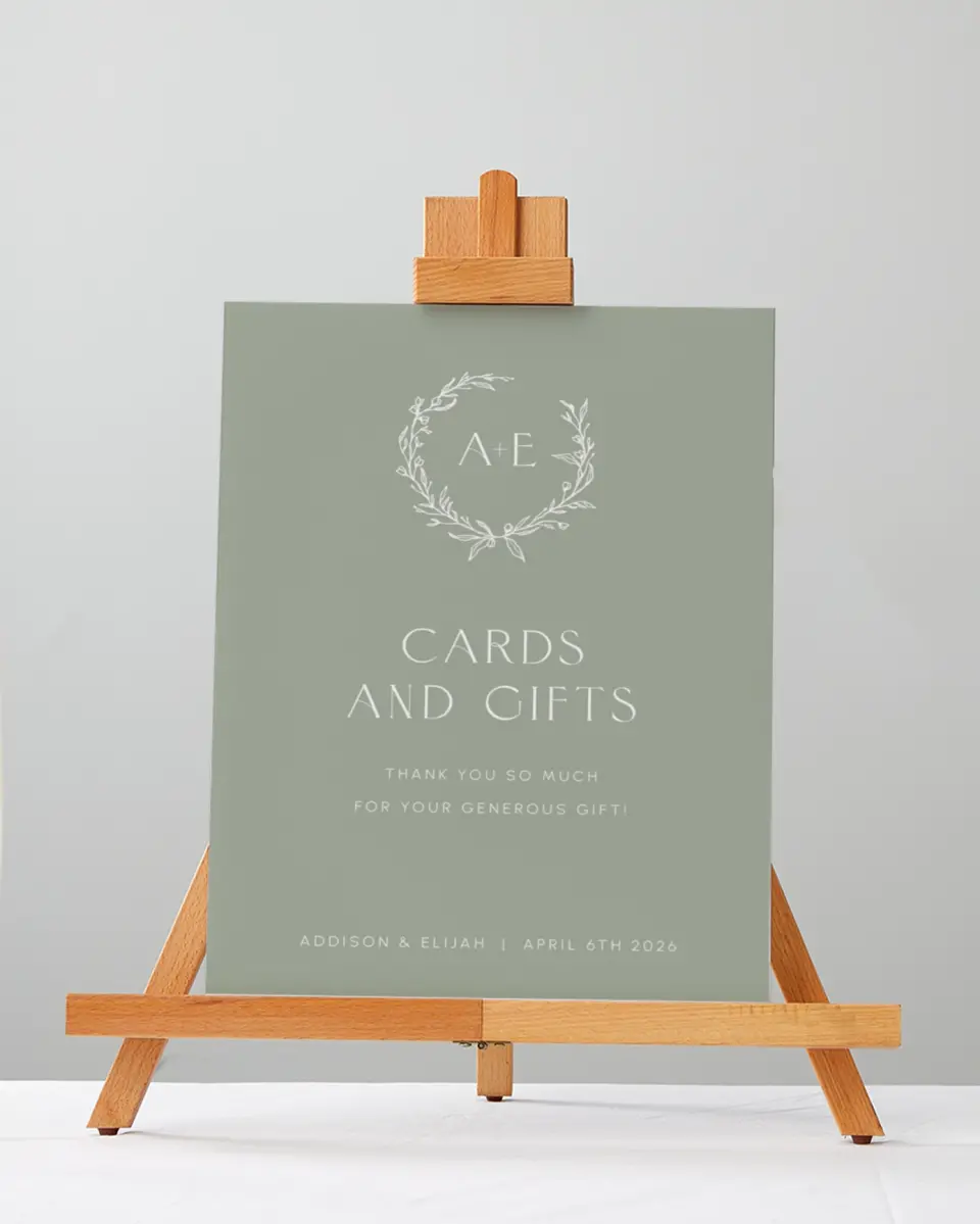 This is a 5" x 7" Cards & Gifts Sign called Modern Monogram printed in full color with Gold foil