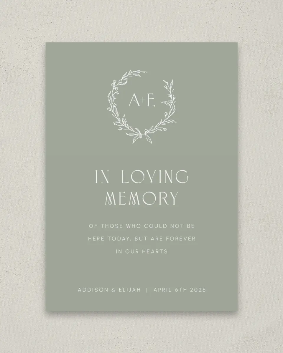 This is a 5" x 7" Loving Memory Sign called Modern Monogram printed in full color with Rose Gold foil