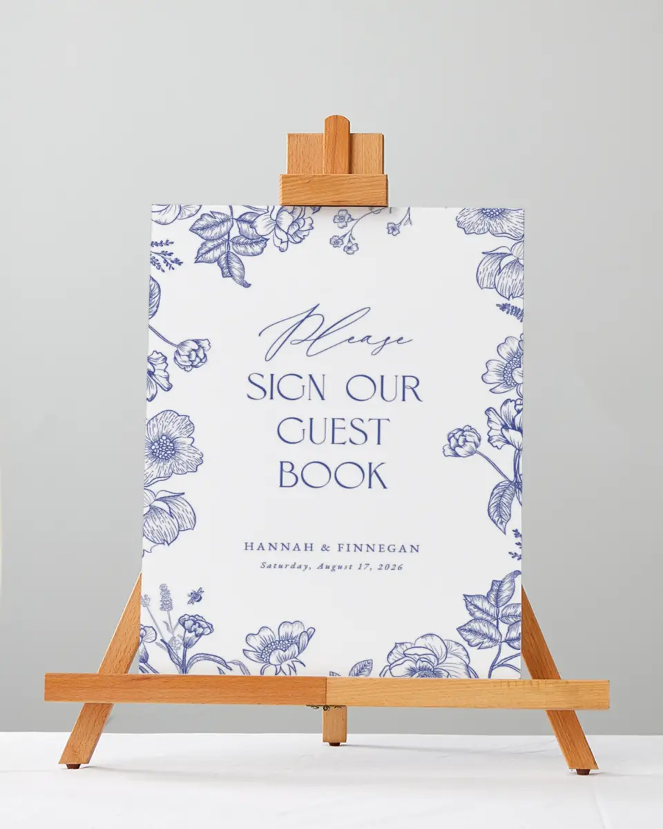 This is a 5" x 7" Guest Book Sign called Modern Chinoiserie printed in full color with Rose Gold foil