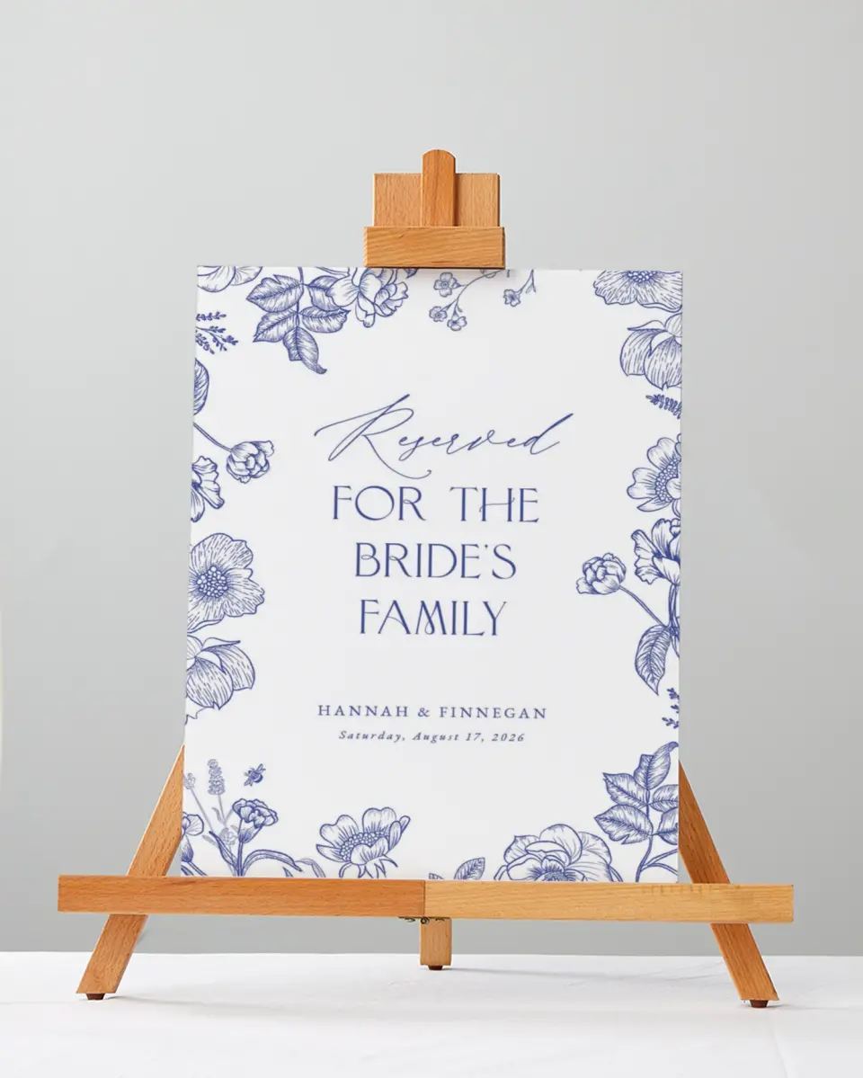 This is a 5" x 7" Reserved Seating Sign called Modern Chinoiserie printed in full color with Gold foil