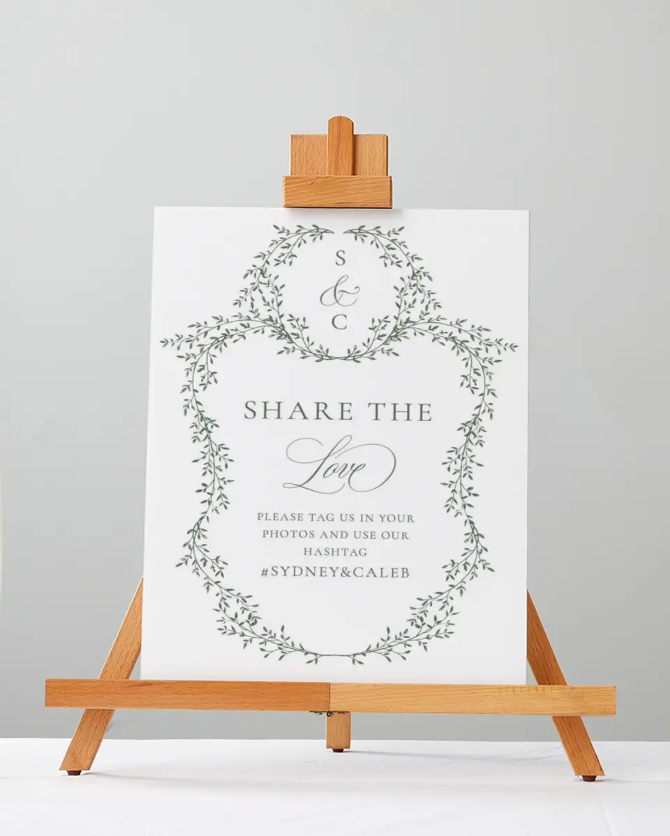 This is a 5" x 7" Share the Love Sign called Elegant Frame printed in full color with Gold foil
