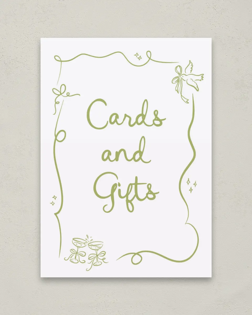 This is a 5" x 7" Cards & Gifts Sign called Wedding Whimsy printed in full color