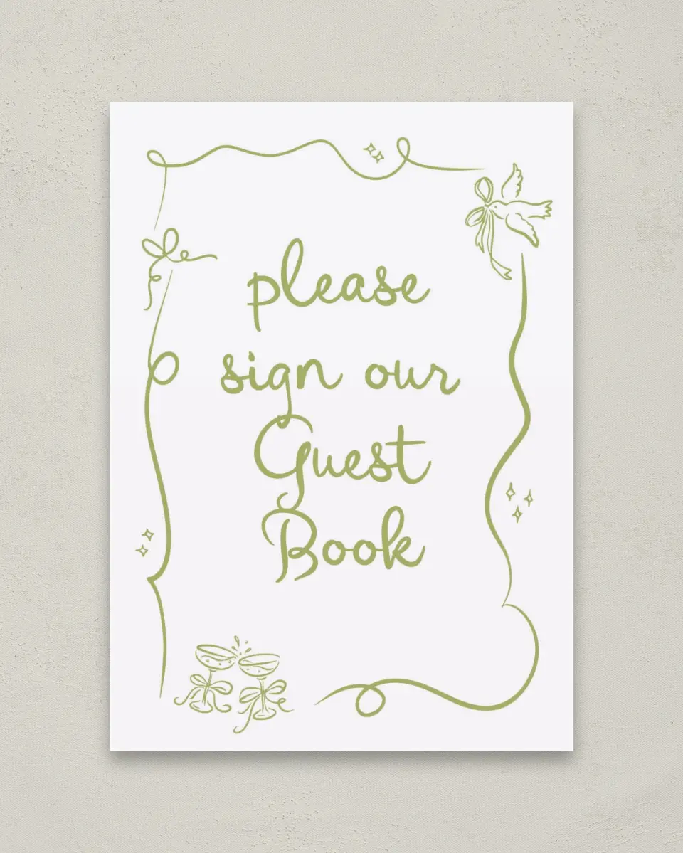 This is a 5" x 7" Guest Book Sign called Wedding Whimsy printed in full color