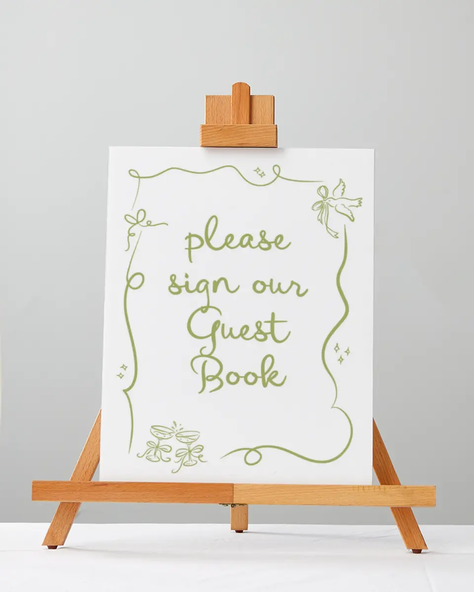 This is a 5" x 7" Guest Book Sign called Wedding Whimsy printed in full color