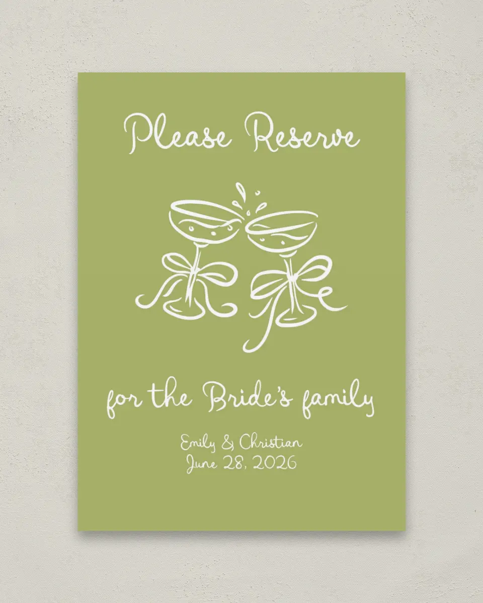 This is a 5" x 7" Reserved Seating Sign called Wedding Whimsy printed in full color with Rose Gold foil