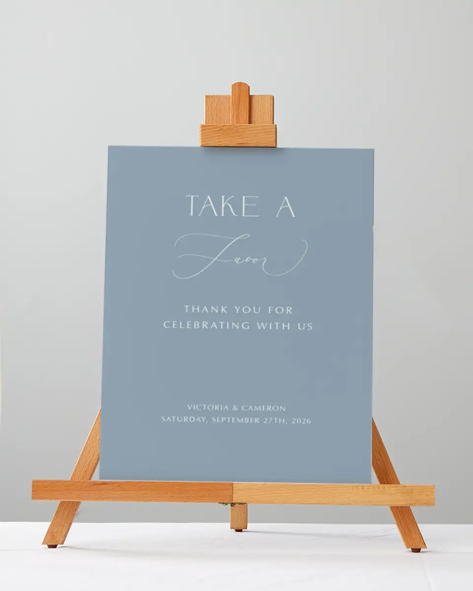 This is a 5" x 7" Favor Sign called The Victoria printed in full color with Silver foil
