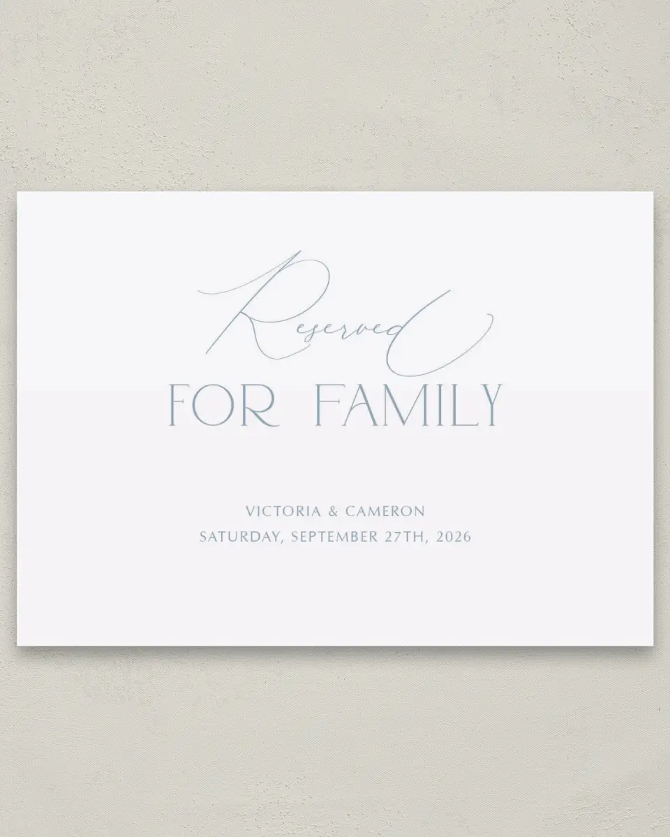 This is a 5" x 7" Reserved Seating Sign called The Victoria printed in full color with Silver foil