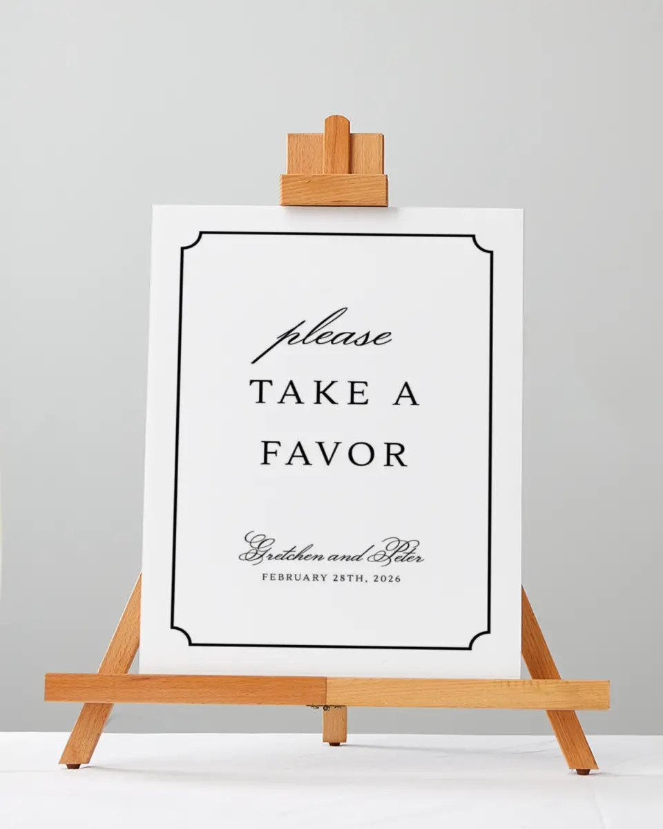 This is a 5" x 7" Favor Sign called Elegant Tradition printed in full color with Rose Gold foil
