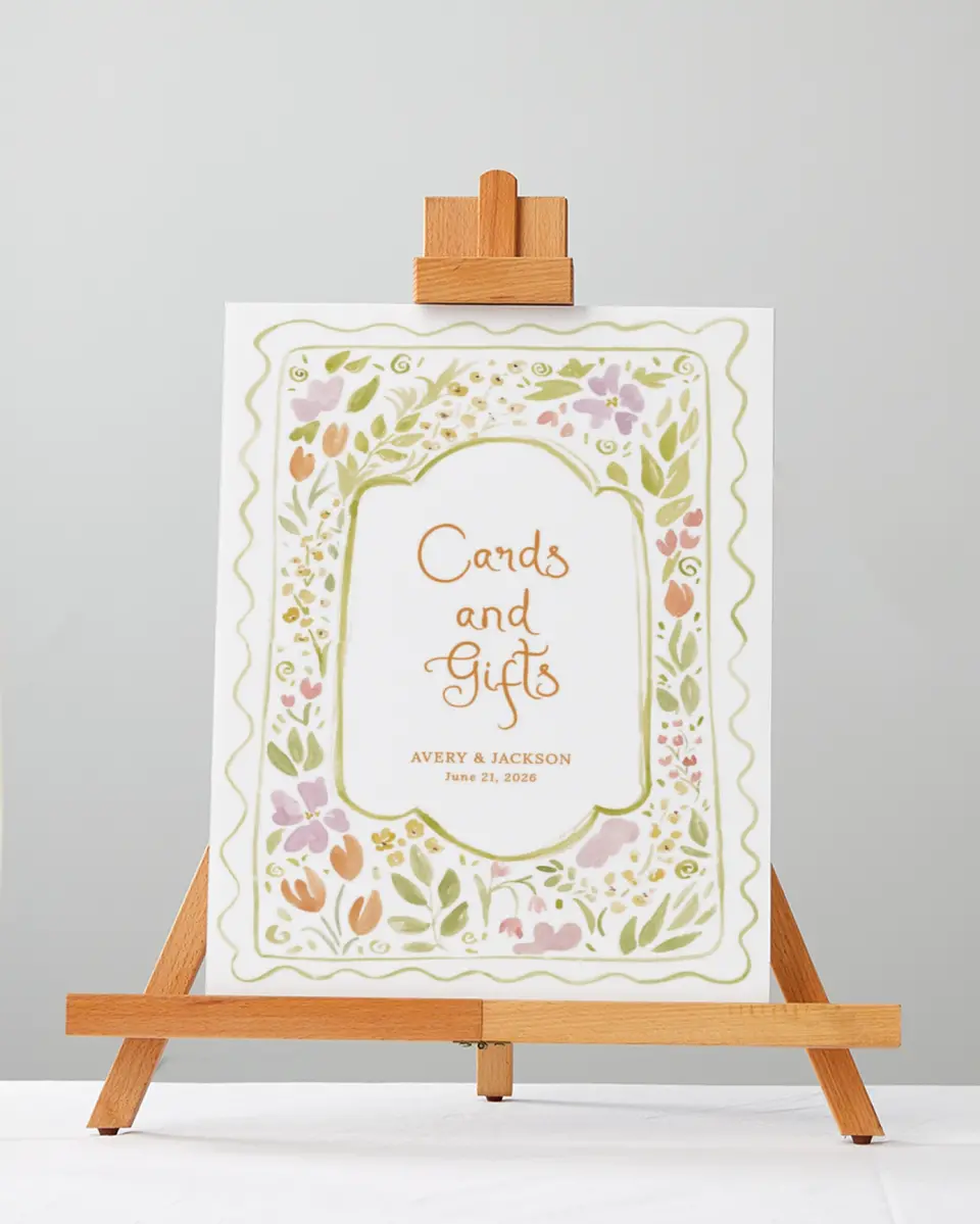 This is a 5" x 7" Cards & Gifts Sign called Floral Whimsy printed in full color with Gold foil