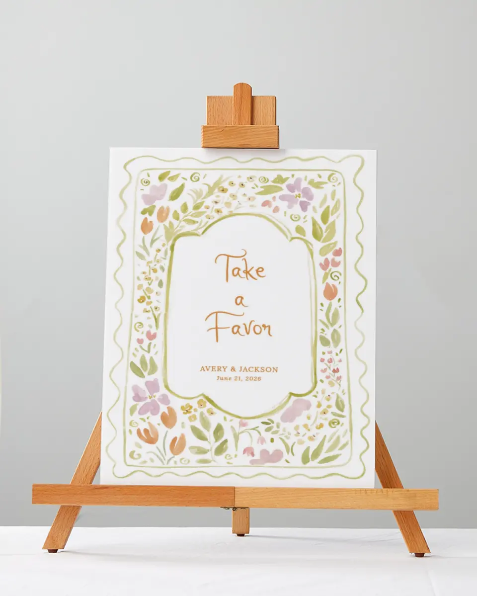 This is a 5" x 7" Favor Sign called Floral Whimsy printed in full color with Gold foil