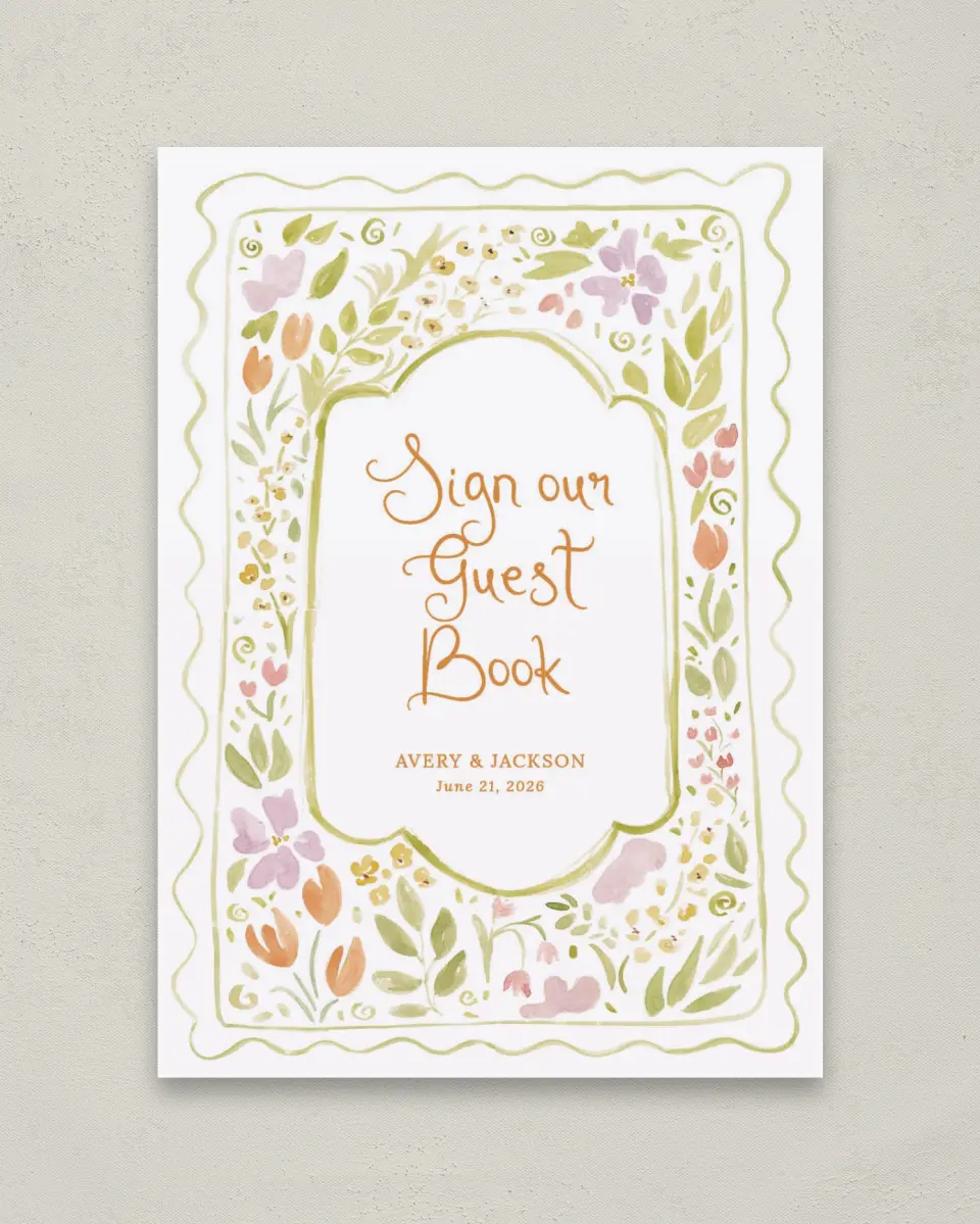 This is a 5" x 7" Guest Book Sign called Floral Whimsy printed in full color