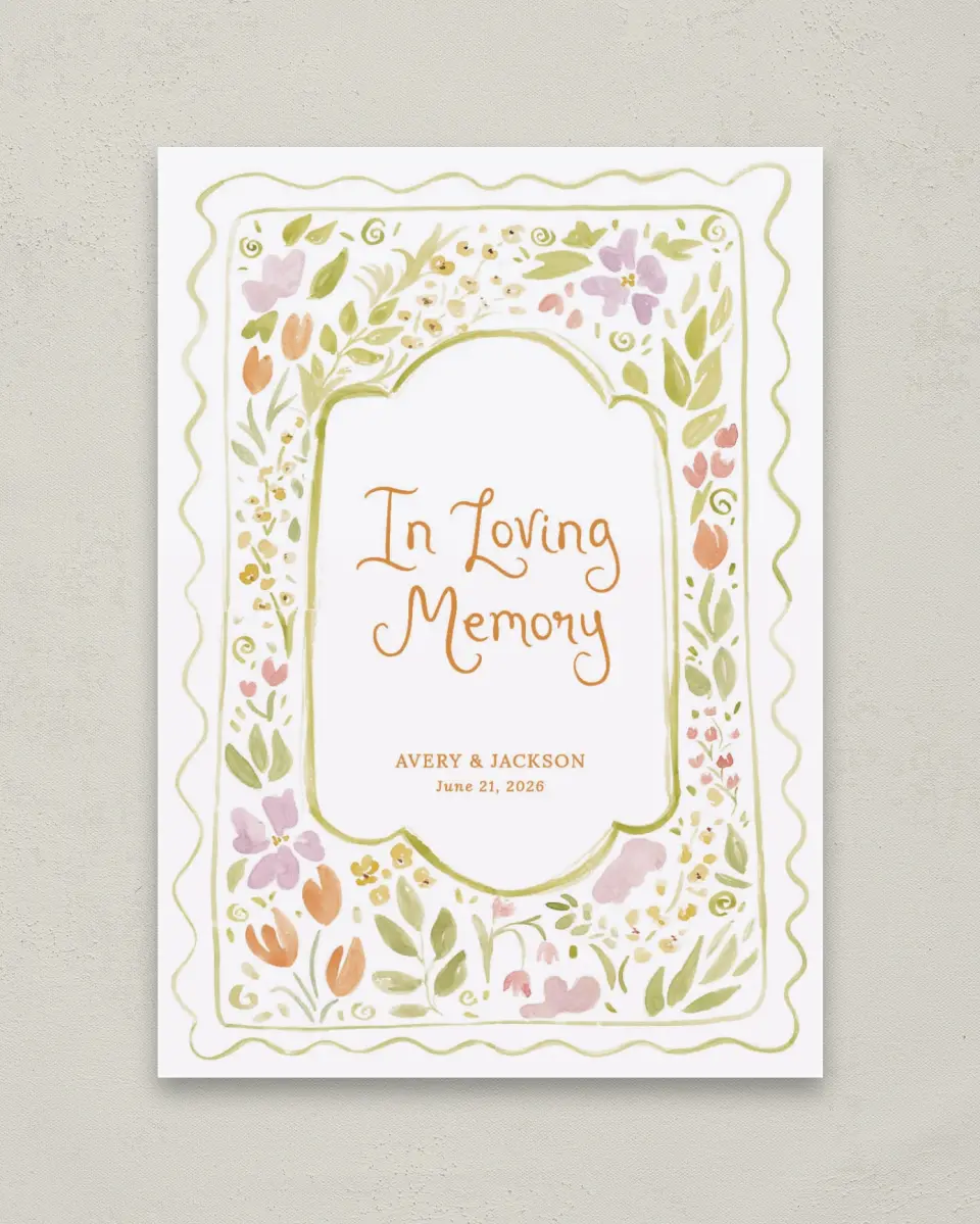 This is a 5" x 7" Loving Memory Sign called Floral Whimsy printed in full color with Silver foil