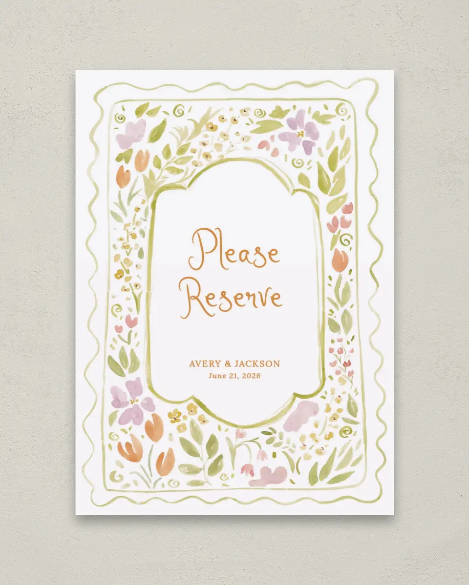 This is a 5" x 7" Reserved Seating Sign called Floral Whimsy printed in full color with Silver foil