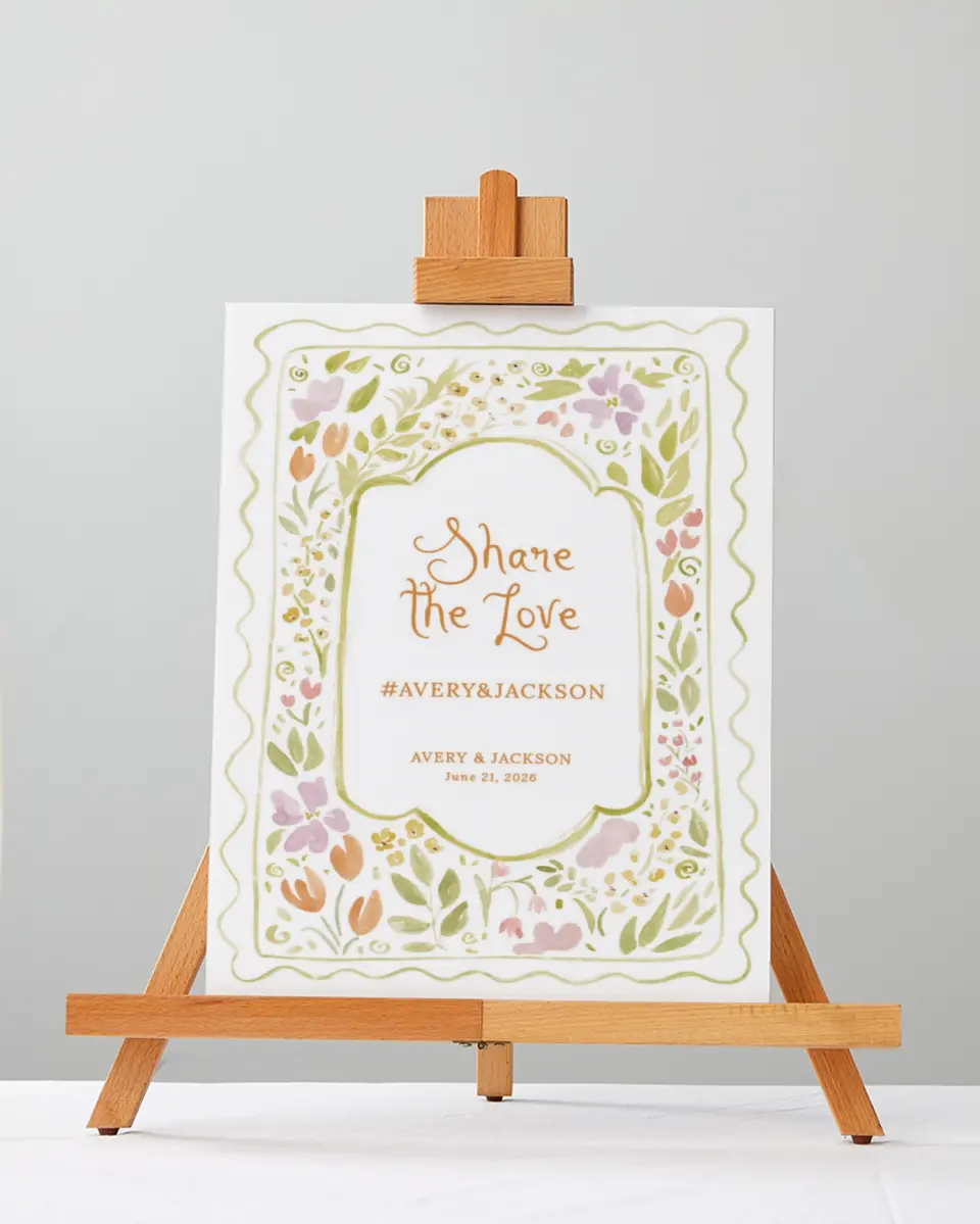 This is a 5" x 7" Share the Love Sign called Floral Whimsy printed in full color with Gold foil
