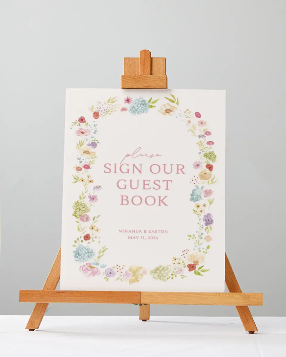 This is a 5" x 7" Guest Book Sign called Dainty Garden printed in full color