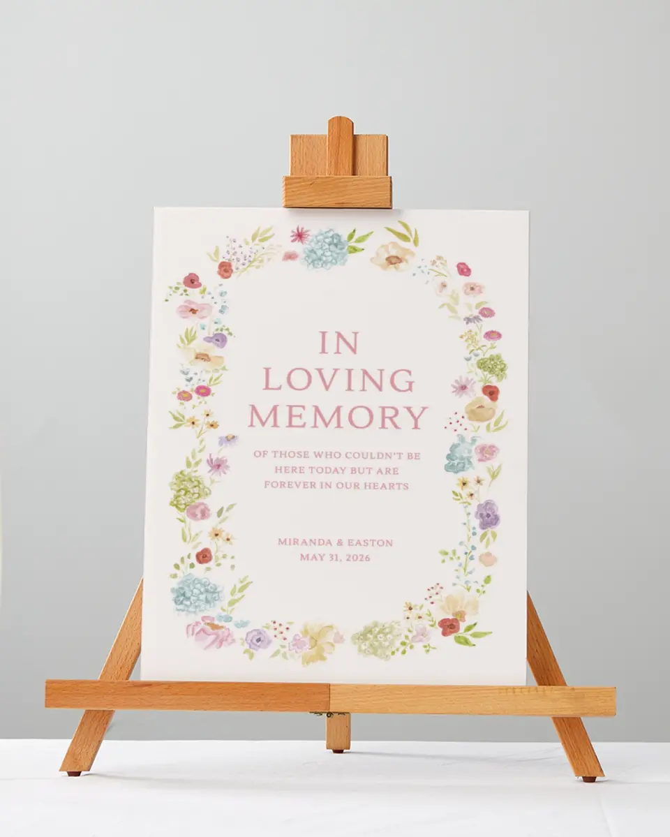 This is a 5" x 7" Loving Memory Sign called Dainty Garden printed in full color with Silver foil