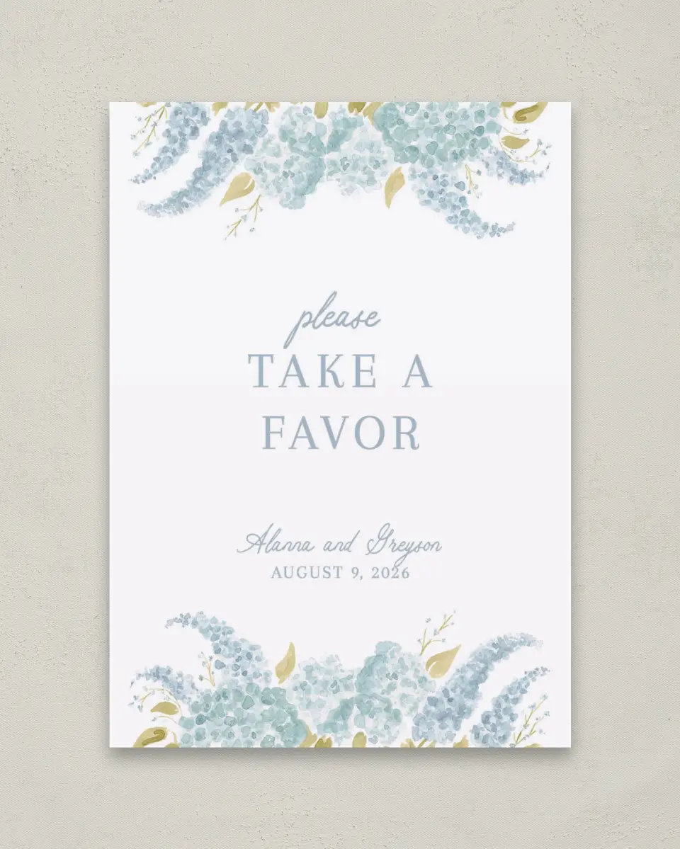 This is a 5" x 7" Favor Sign called Dashing Delphinium printed in full color with Gold foil
