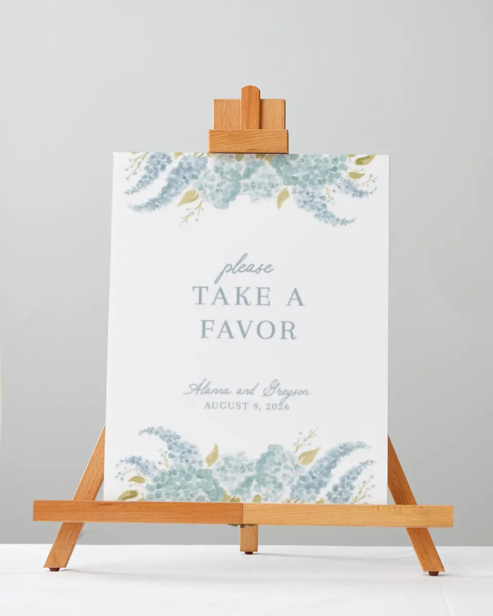 This is a 5" x 7" Favor Sign called Dashing Delphinium printed in full color with Gold foil