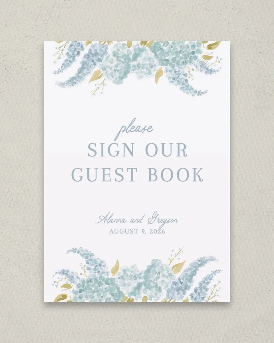 This is a 5" x 7" Guest Book Sign called Dashing Delphinium printed in full color