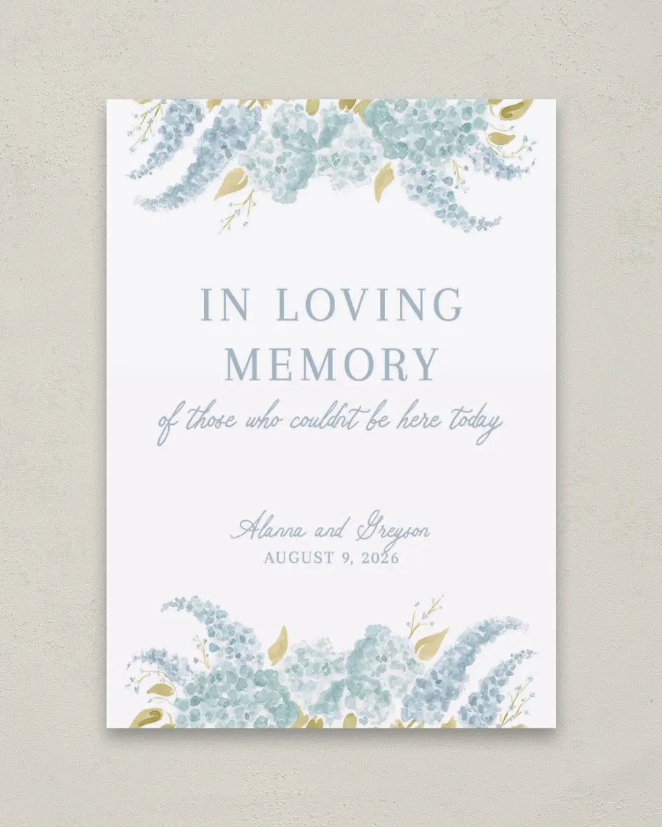 This is a 5" x 7" Loving Memory Sign called Dashing Delphinium printed in full color with Silver foil