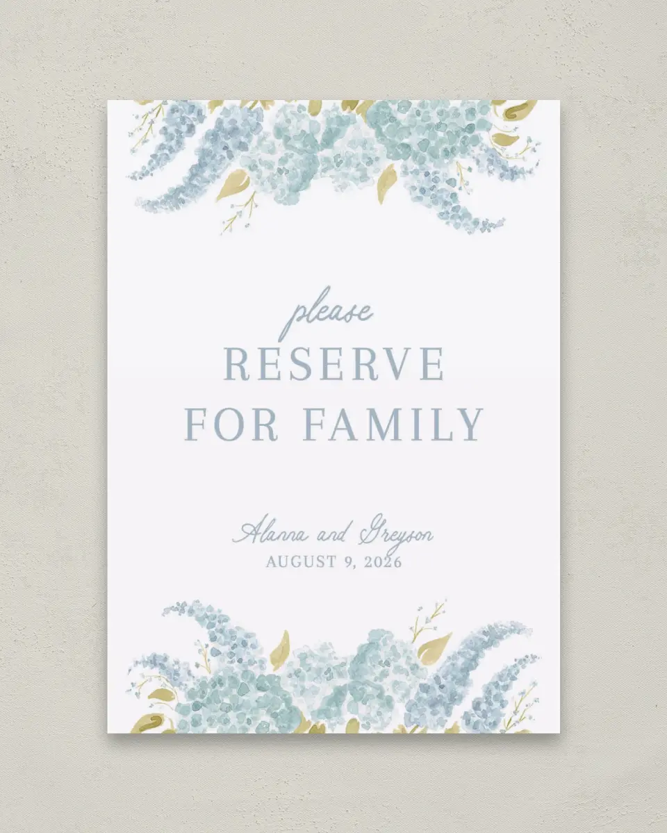 This is a 5" x 7" Reserved Seating Sign called Dashing Delphinium printed in full color with Silver foil