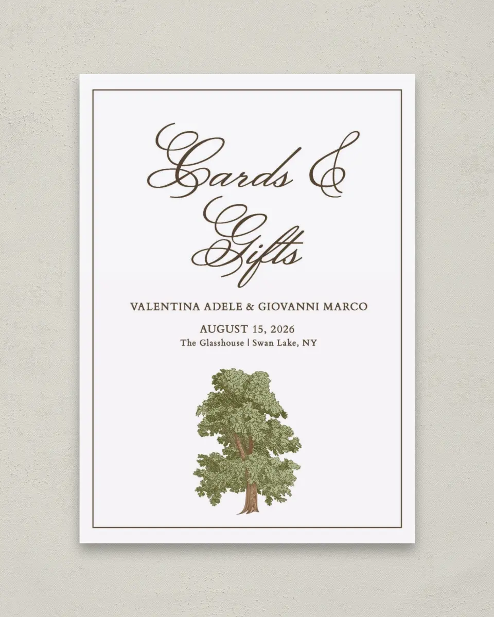 This is a 5" x 7" Cards & Gifts Sign called Holloway printed in full color with Silver foil