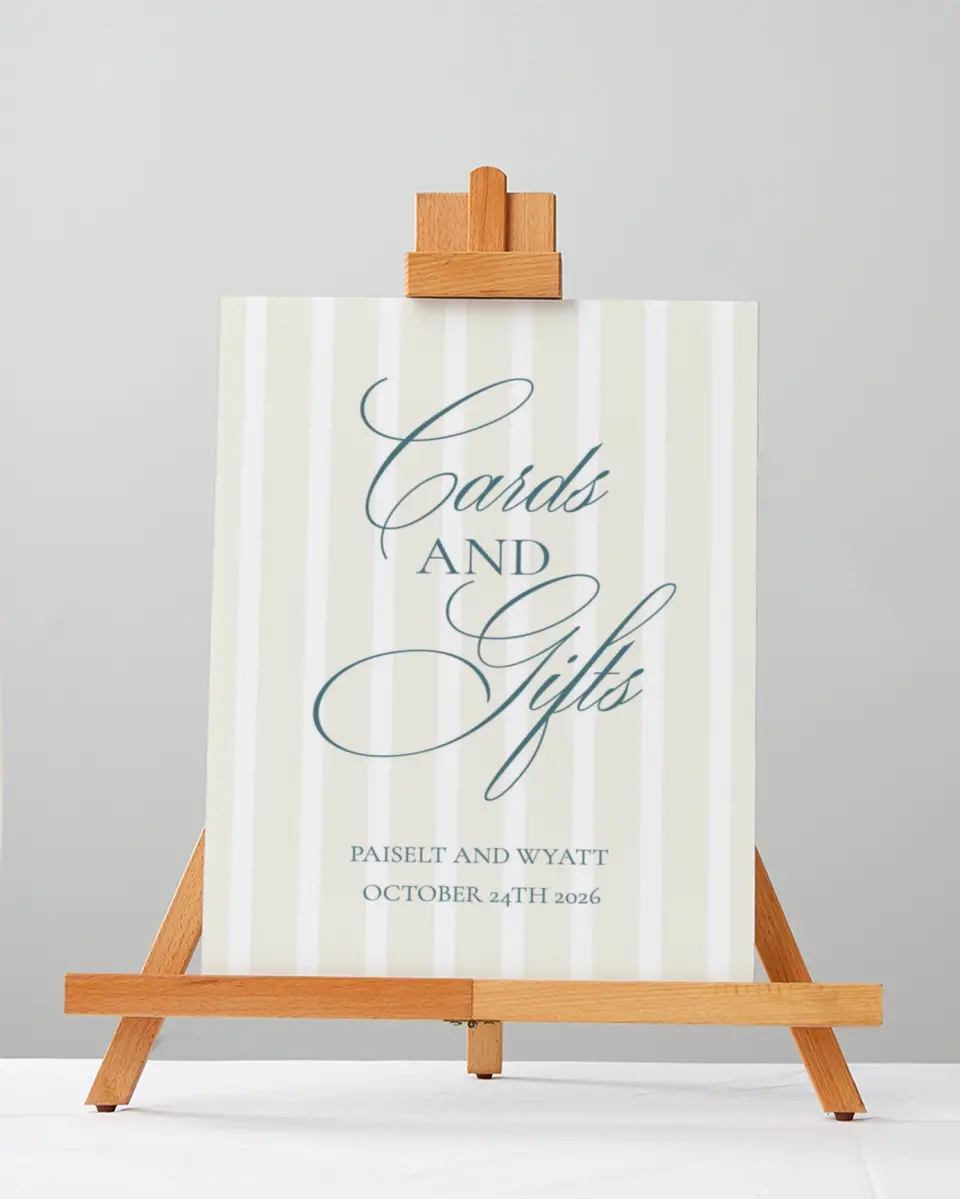 This is a 5" x 7" Cards & Gifts Sign called Kensington printed in full color with Silver foil