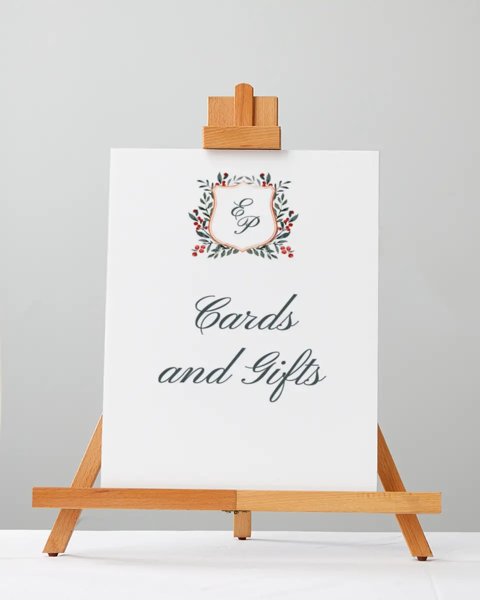 This is a 5" x 7" Cards & Gifts Sign called Heirloom Holly printed in full color with Silver foil