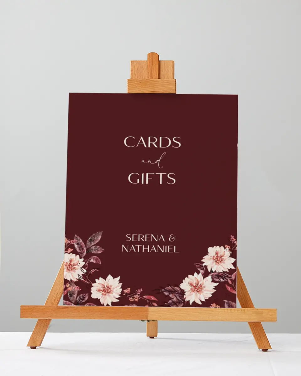 This is a 5" x 7" Cards & Gifts Sign called Fall Florals printed in full color with Silver foil