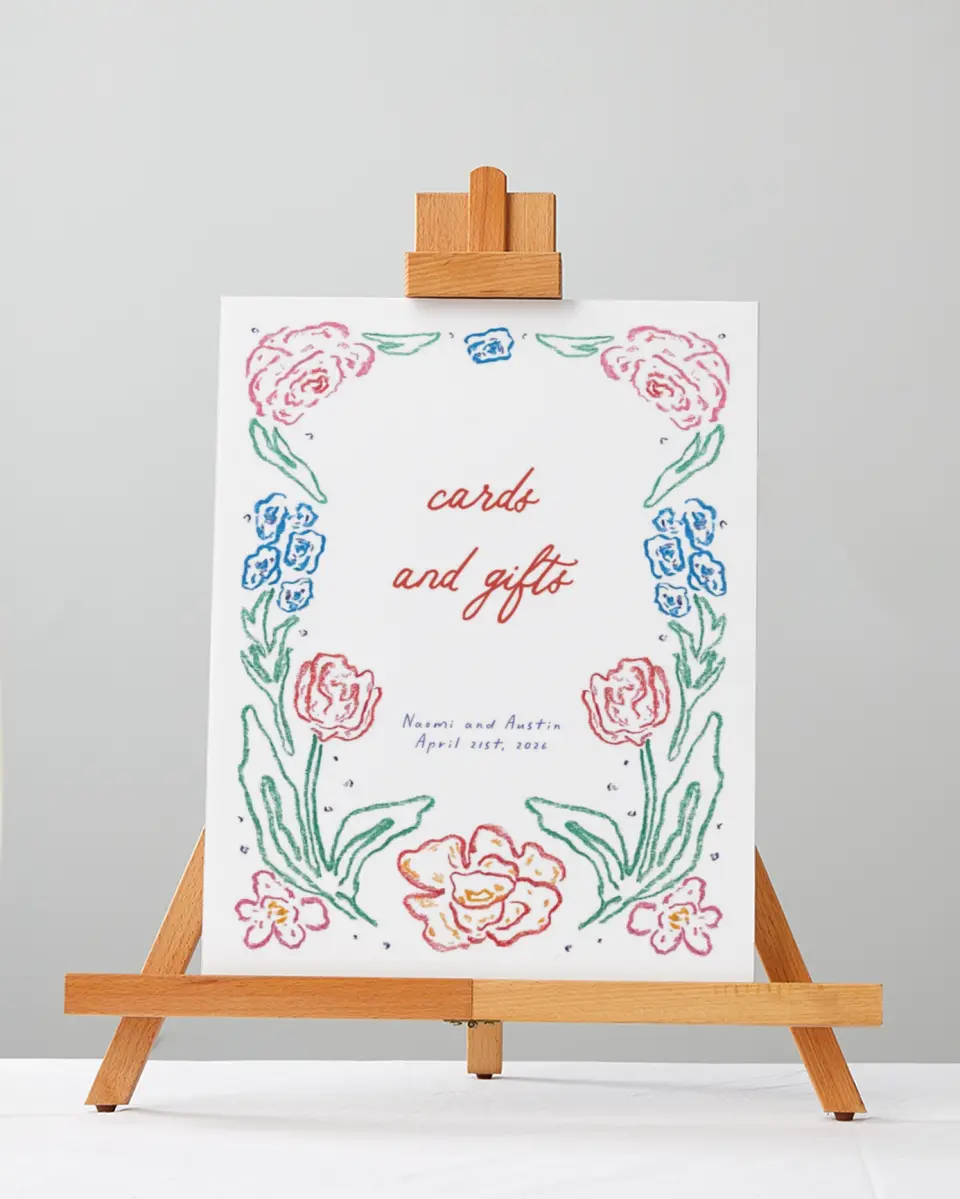 This is a 5" x 7" Cards & Gifts Sign called Whimsy Love printed in full color with Silver foil