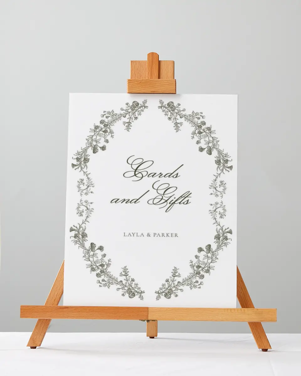 This is a 5" x 7" Cards & Gifts Sign called Holderness printed in full color with Silver foil