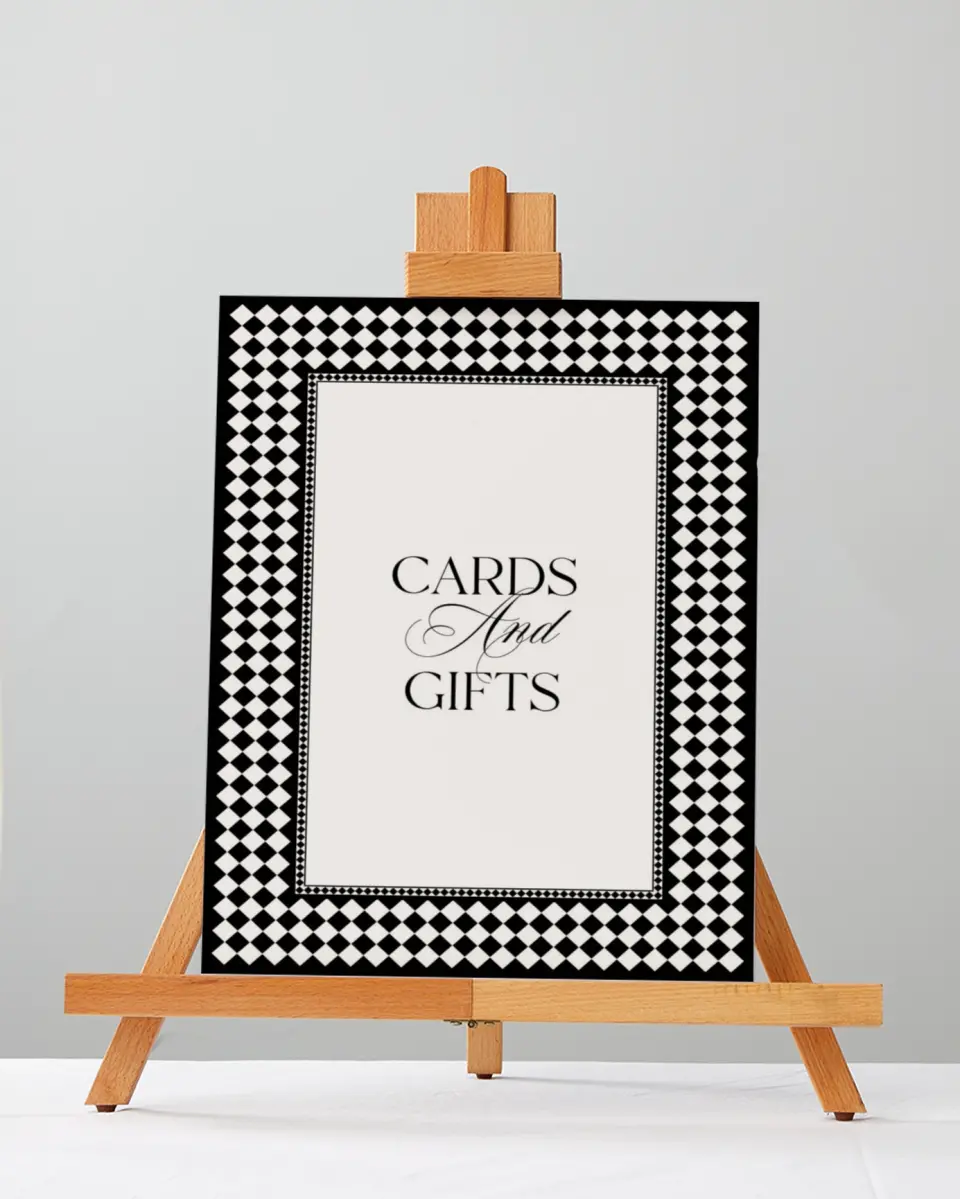 This is a 5" x 7" Cards & Gifts Sign called Greenwich printed in full color with Silver foil