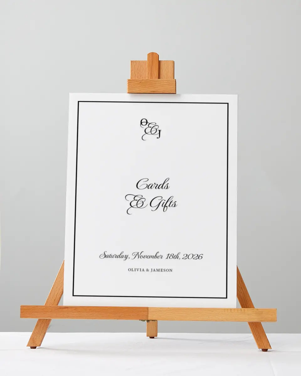 This is a 5" x 7" Cards & Gifts Sign called Scarsdale printed in full color with Silver foil