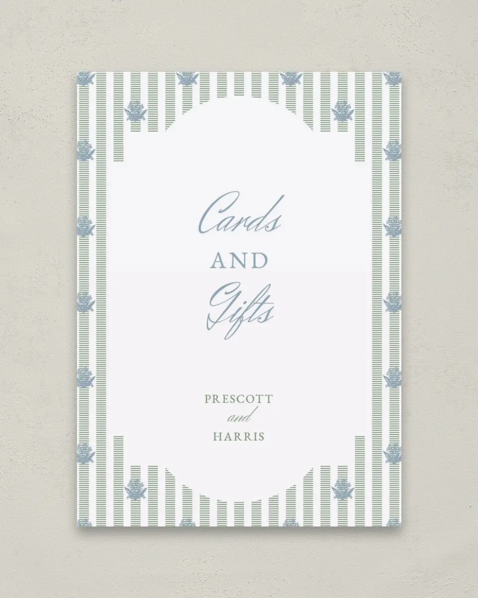 This is a 5" x 7" Cards & Gifts Sign called Watch Hill printed in full color with Rose Gold foil